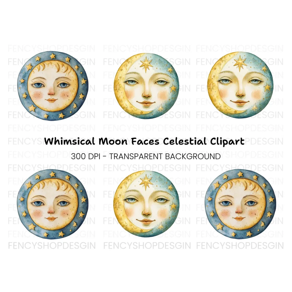 Celestial Moon and Sun Faces Clipart Bundle