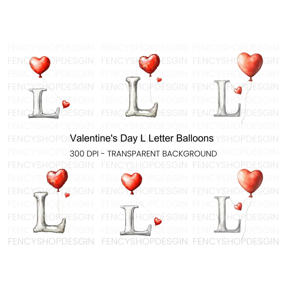 Silver Balloons with Red Hearts Clipart Bundle