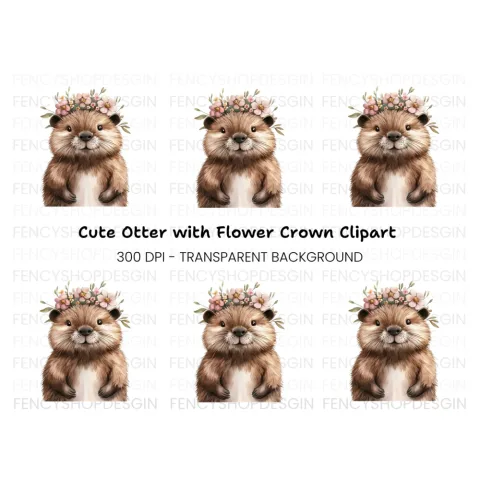 Cute Otter with Flower Crown Clipart Bundle