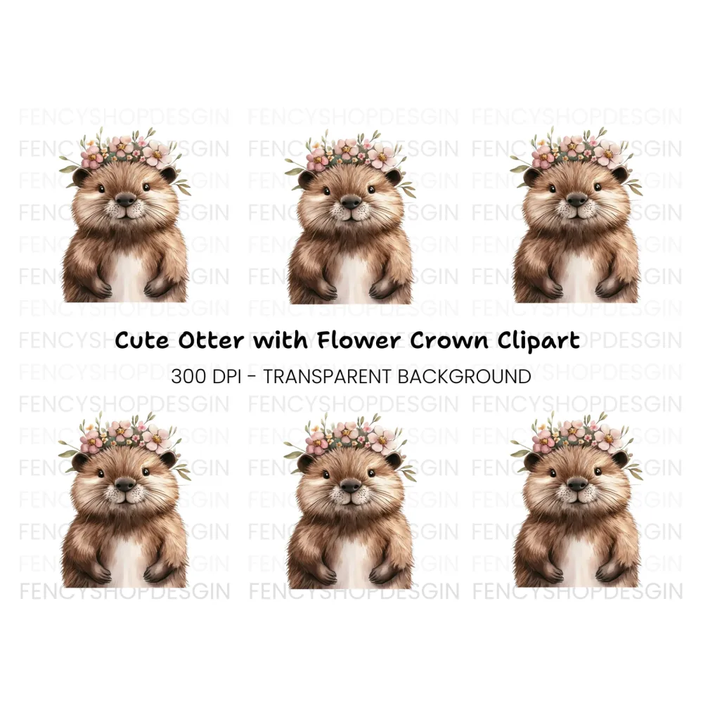 Cute Otter with Flower Crown Clipart Bundle