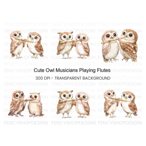 Cute Owls Playing Flute Clipart Bundle