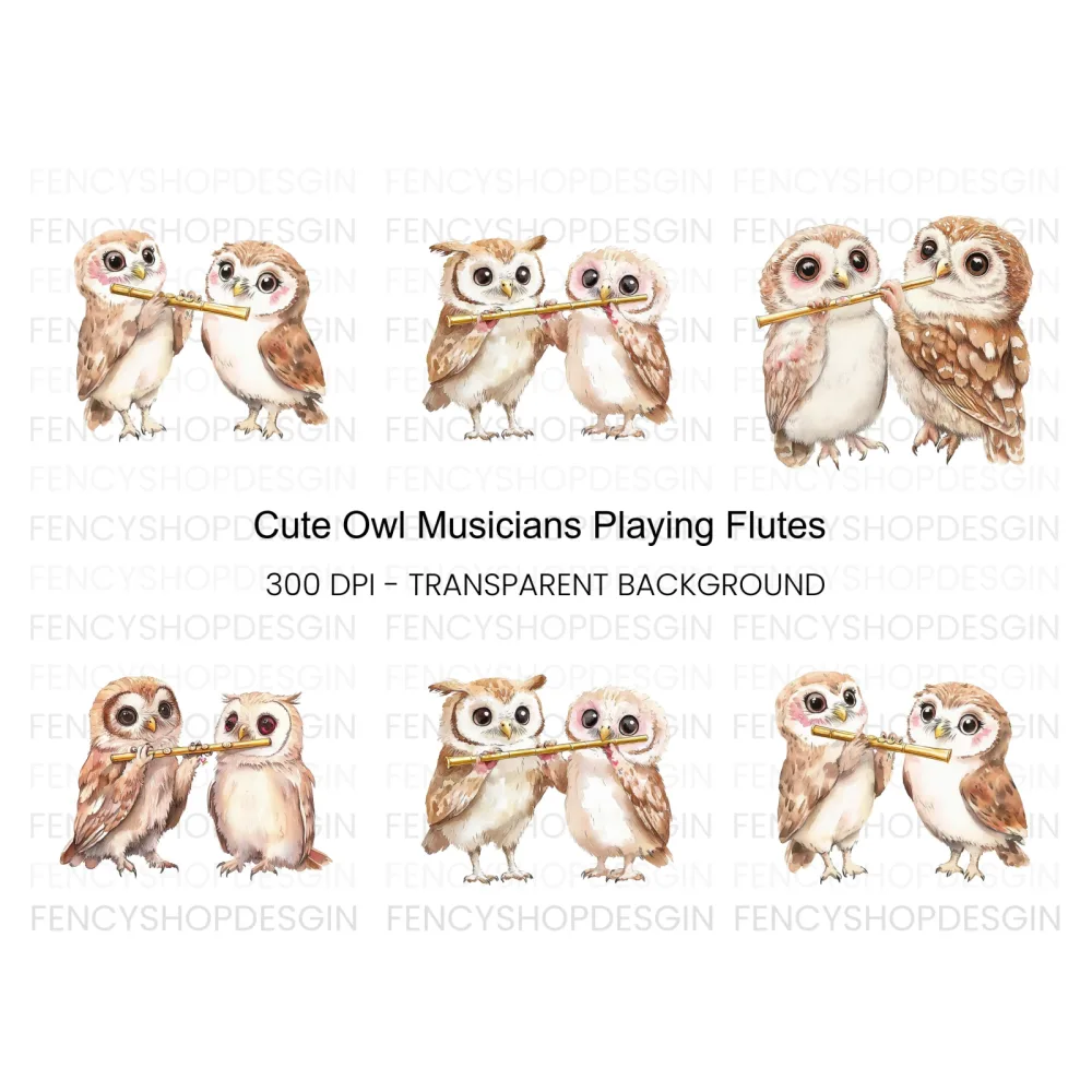 Cute Owls Playing Flute Clipart Bundle