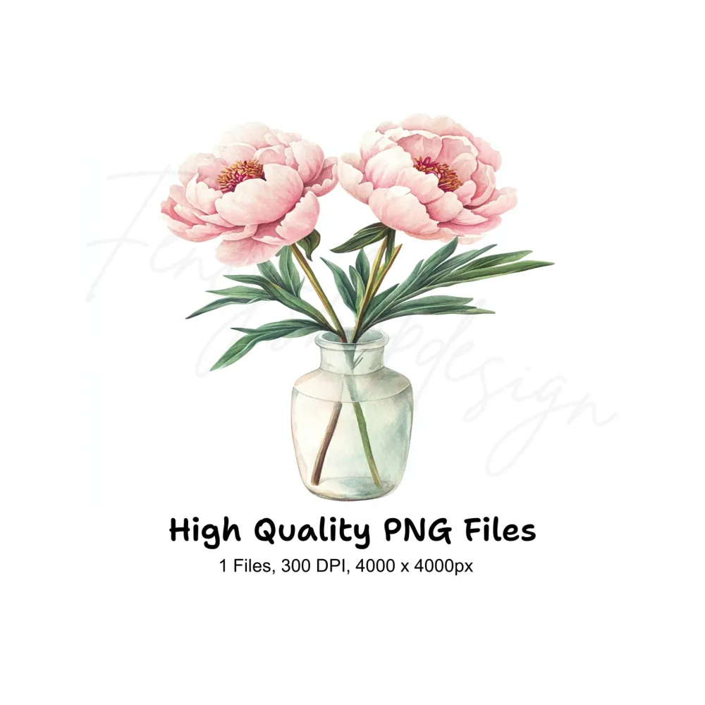 Elegant Peonies in Glass Vase Clipart Bundle
