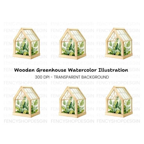 Wooden Greenhouse with Plants Clipart Bundle