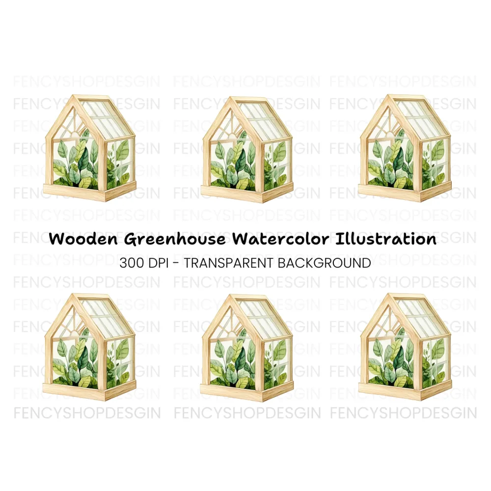 Wooden Greenhouse with Plants Clipart Bundle