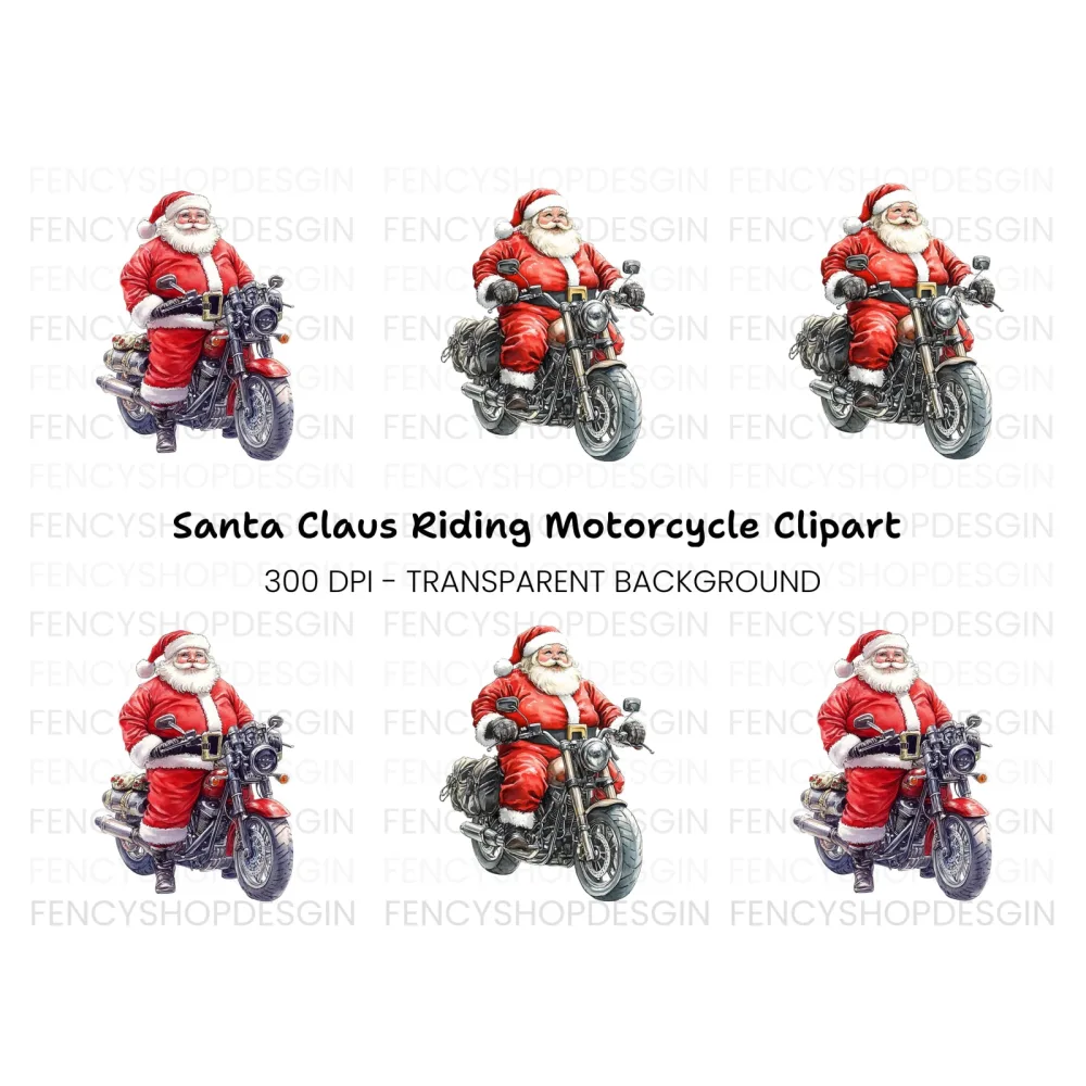 Santa Riding Motorcycle Christmas Clipart Bundle