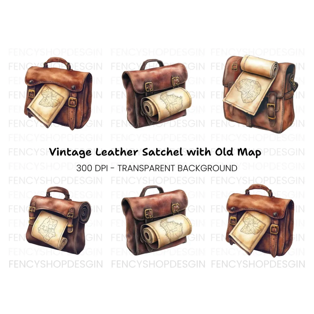 Vintage Leather Satchel with Old Maps Clipart Bundle