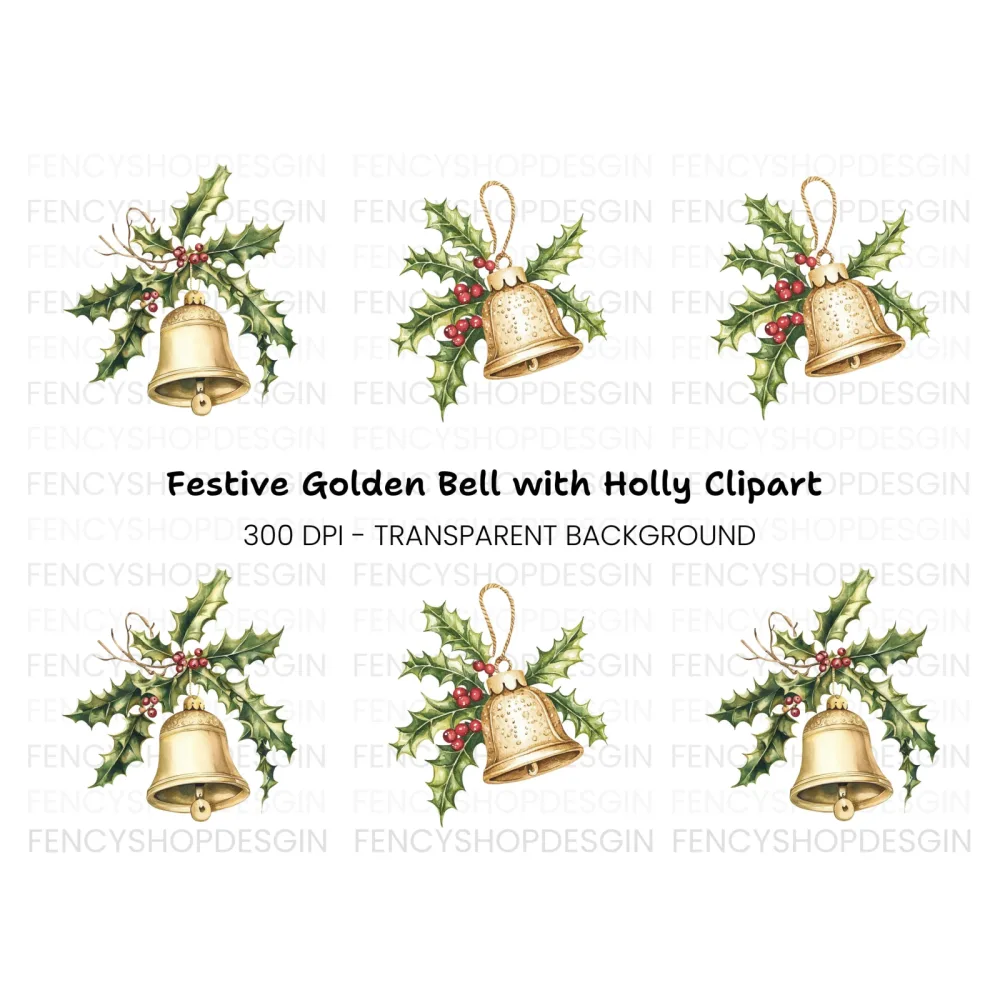 Christmas Holly and Golden Bells Clipart Bundle