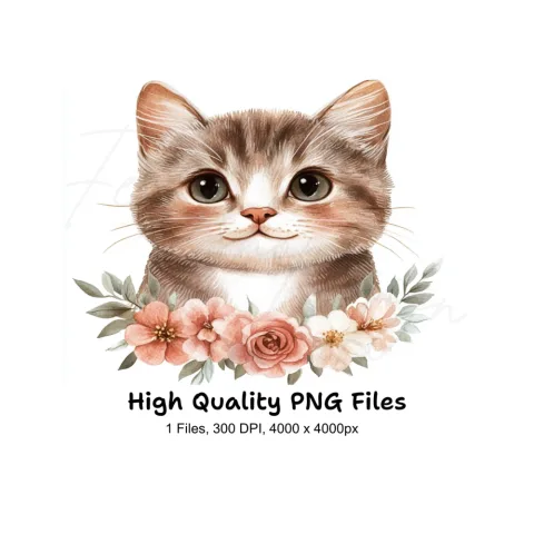 Sweet Kitten Face with Rose Wreath Clipart Bundle