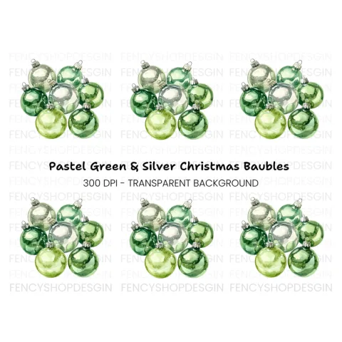 Pastel Green Silver Christmas Ornaments Clipart Bundle