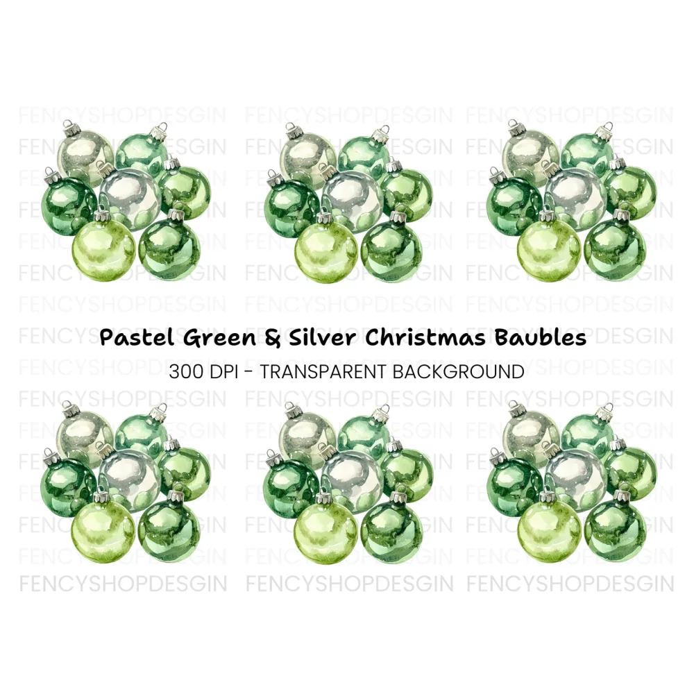 Pastel Green Silver Christmas Ornaments Clipart Bundle