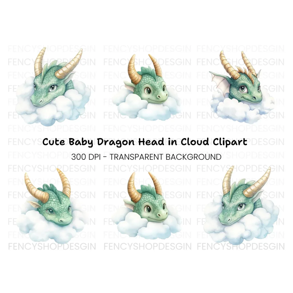Cute Cloud Dragon Heads Clipart Bundle