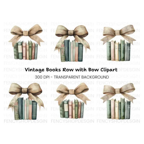 Vintage Books with Burlap Bow Clipart Bundle