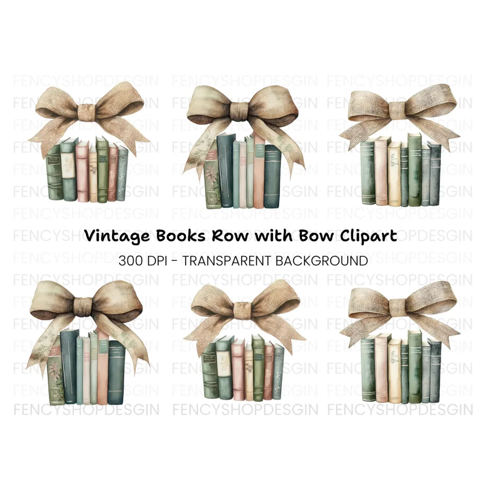 Vintage Books with Burlap Bow Clipart Bundle