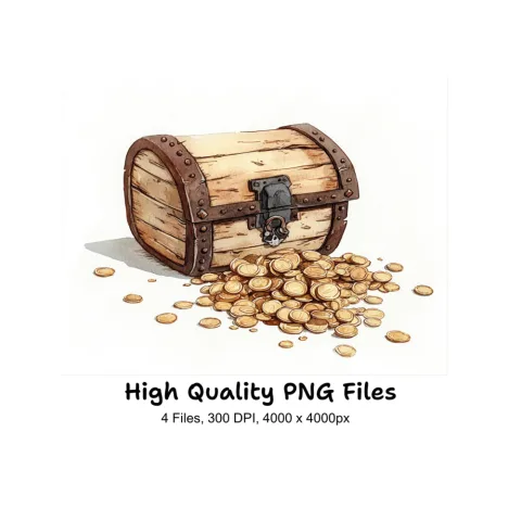 Wooden Treasure Chests with Gold Clipart Bundle