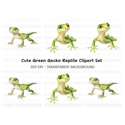 Cute Green Gecko Lizard Clipart Bundle