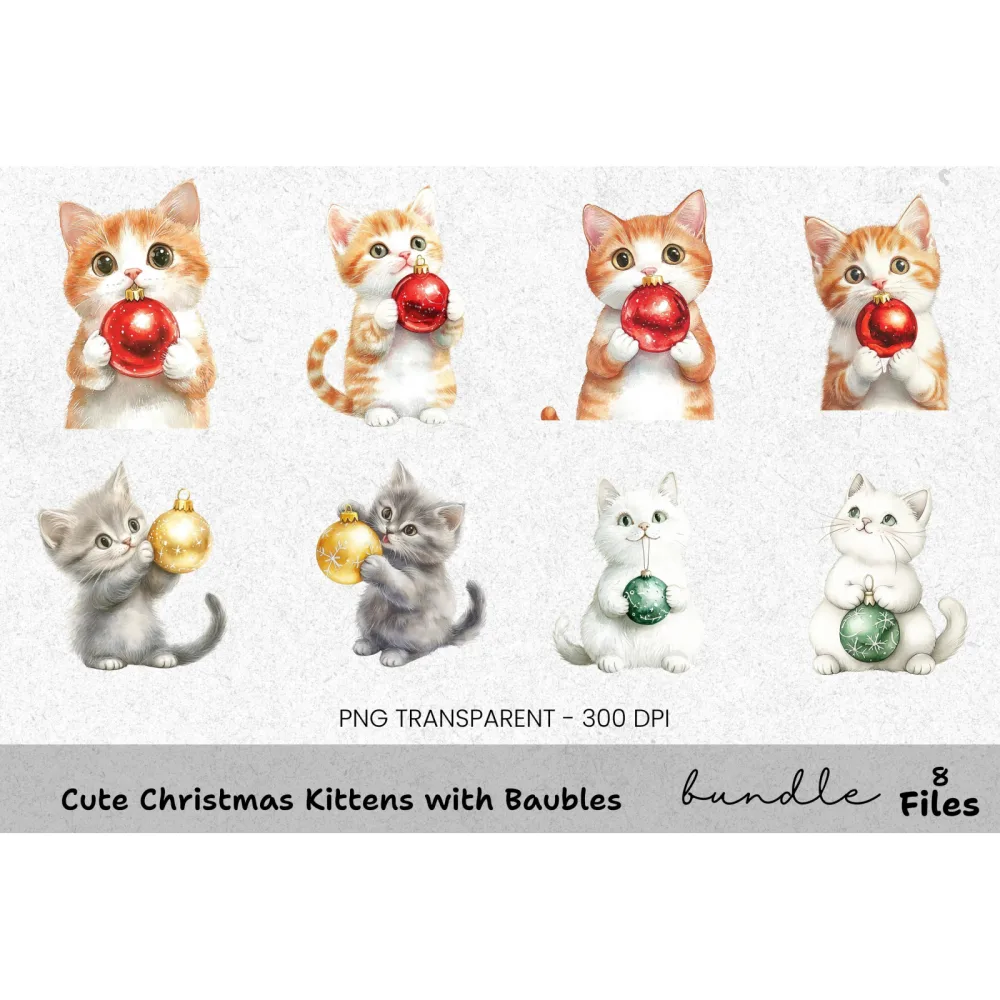 Cute Christmas Kittens with Baubles Clipart Bundle