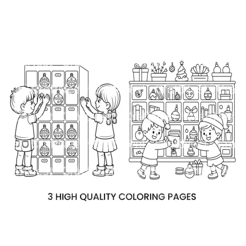 Children Organizing Christmas Decorations Coloring Books