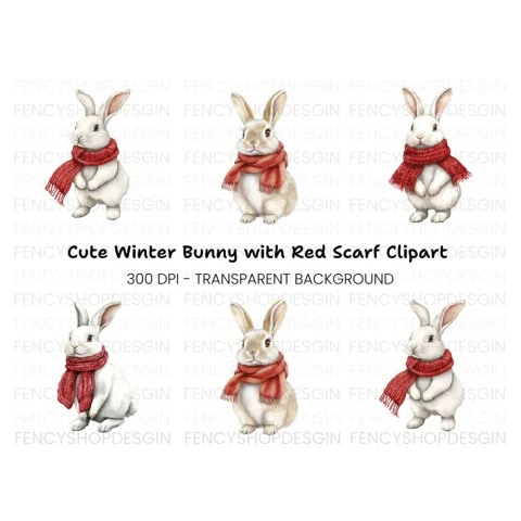 White Bunnies with Red Scarves Clipart Bundle