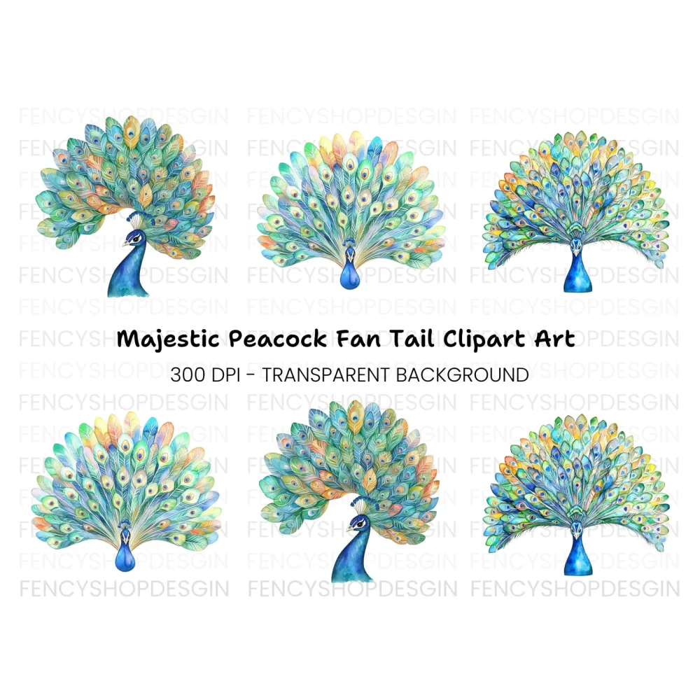 Vibrant Peacock Feather Fan Clipart Bundle