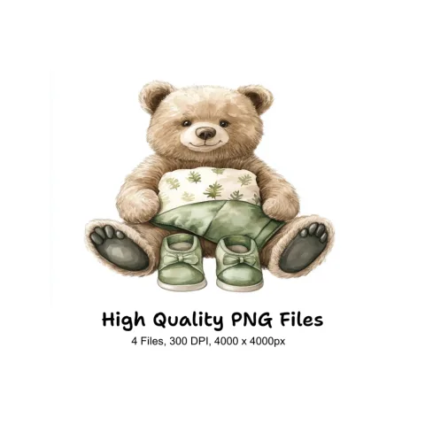 Teddy Bear with Green Pillow and Shoes Clipart Bundle