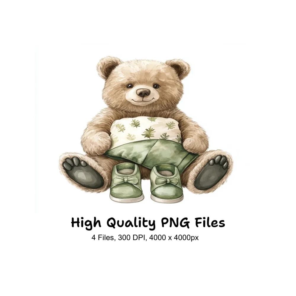 Teddy Bear with Green Pillow and Shoes Clipart Bundle