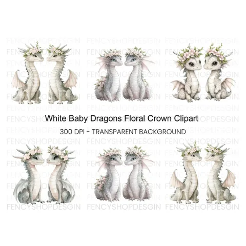 Floral Crown Baby Dragon Clipart Bundle