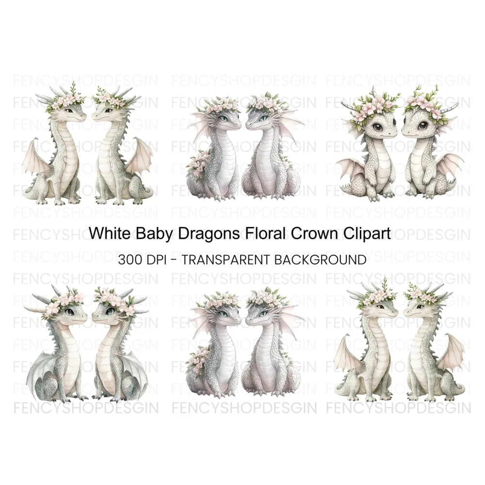 Floral Crown Baby Dragon Clipart Bundle