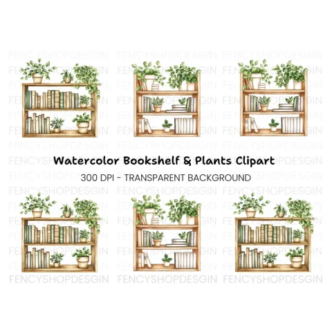 Bookshelf with Potted Plants Clipart Bundle