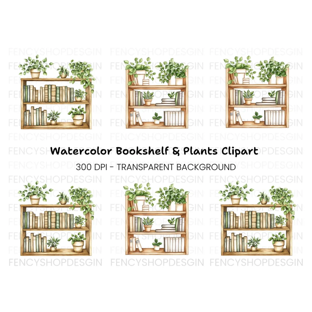Bookshelf with Potted Plants Clipart Bundle