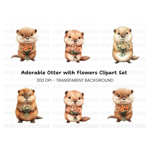 Cute Otters with Flower Bouquets Clipart Bundle