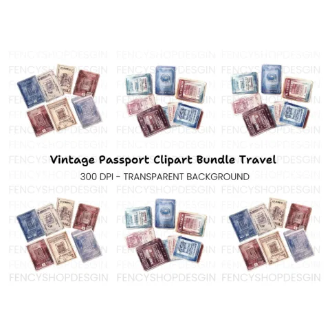 Vintage Passport Stamps Clipart Bundle