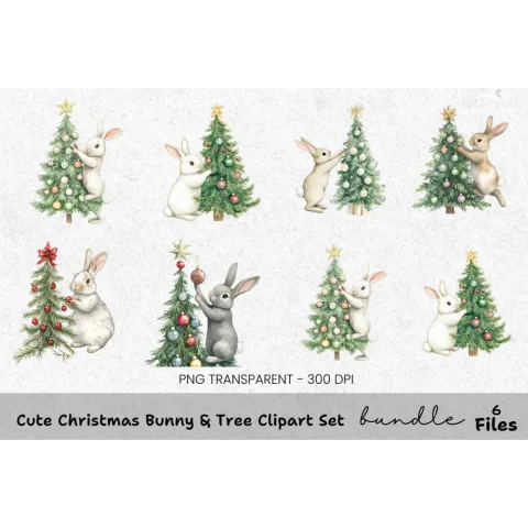 Cute Christmas Bunny Tree Clipart Bundle
