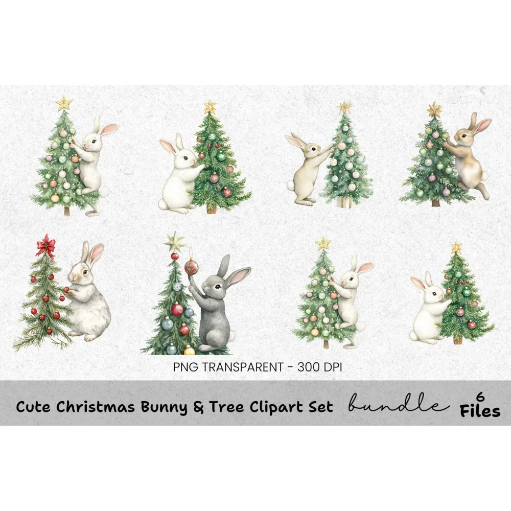 Cute Christmas Bunny Tree Clipart Bundle