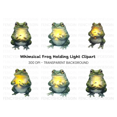 Magical Frogs Holding Fireflies Clipart Bundle