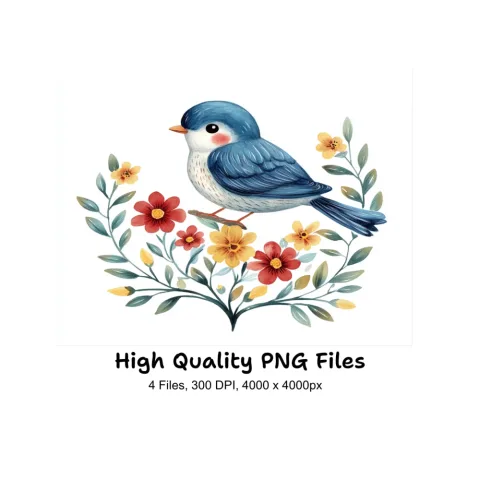 Cute Blue Birds with Spring Flowers Clipart Bundle