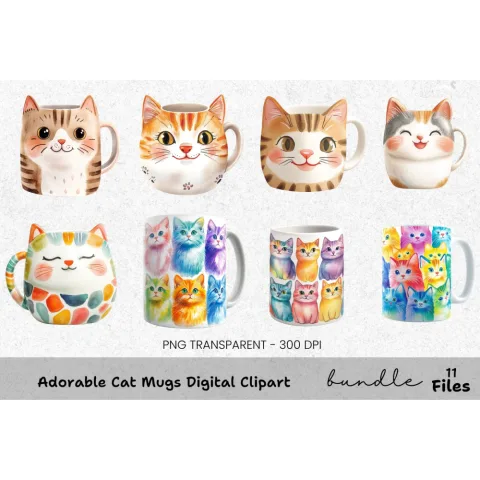 Adorable Cat Mugs Clipart Bundle
