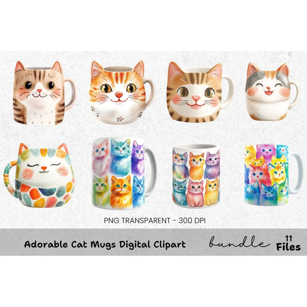 Adorable Cat Mugs Clipart Bundle