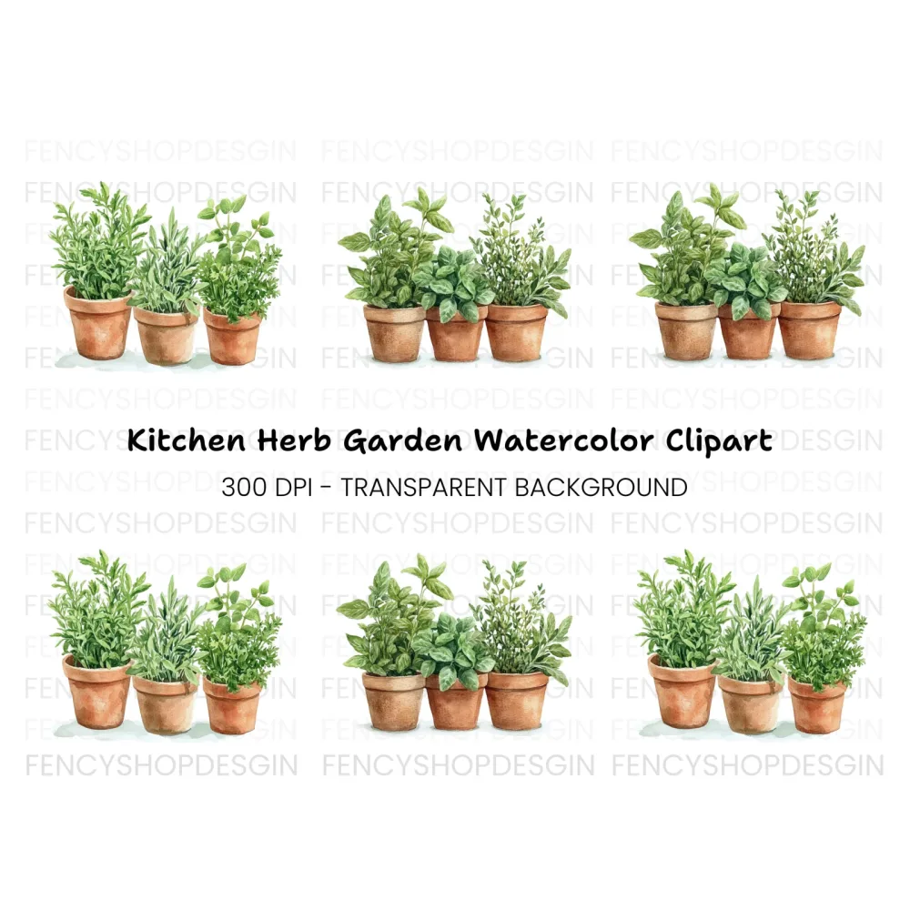 Assorted Potted Herbs Clipart Bundle