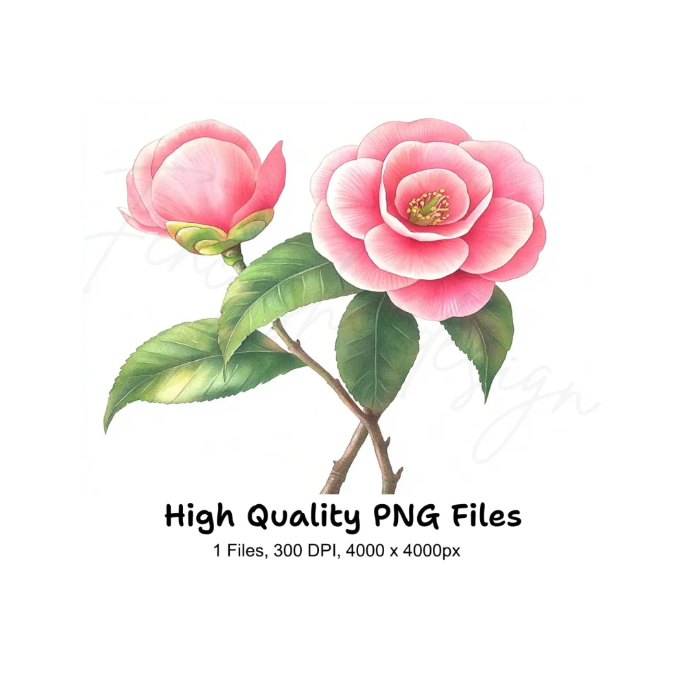 Elegant Pink Camellia Flower Clipart Bundle