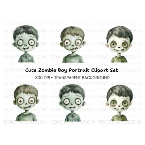 Zombie Boy Faces Clipart Bundle