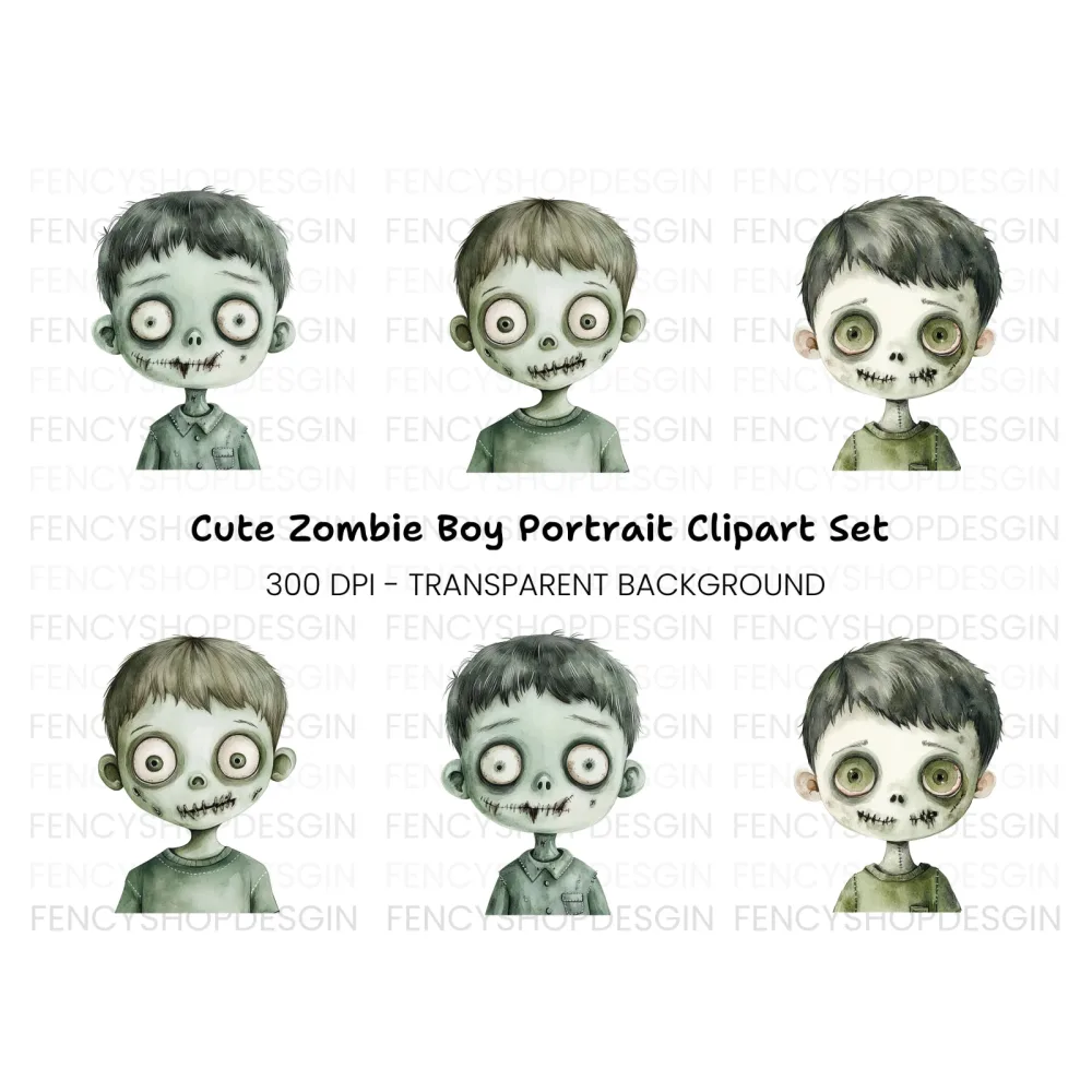 Zombie Boy Faces Clipart Bundle
