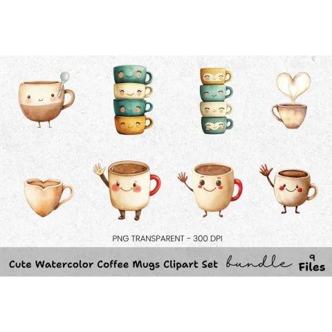 Cute Coffee Mugs Clipart Bundle