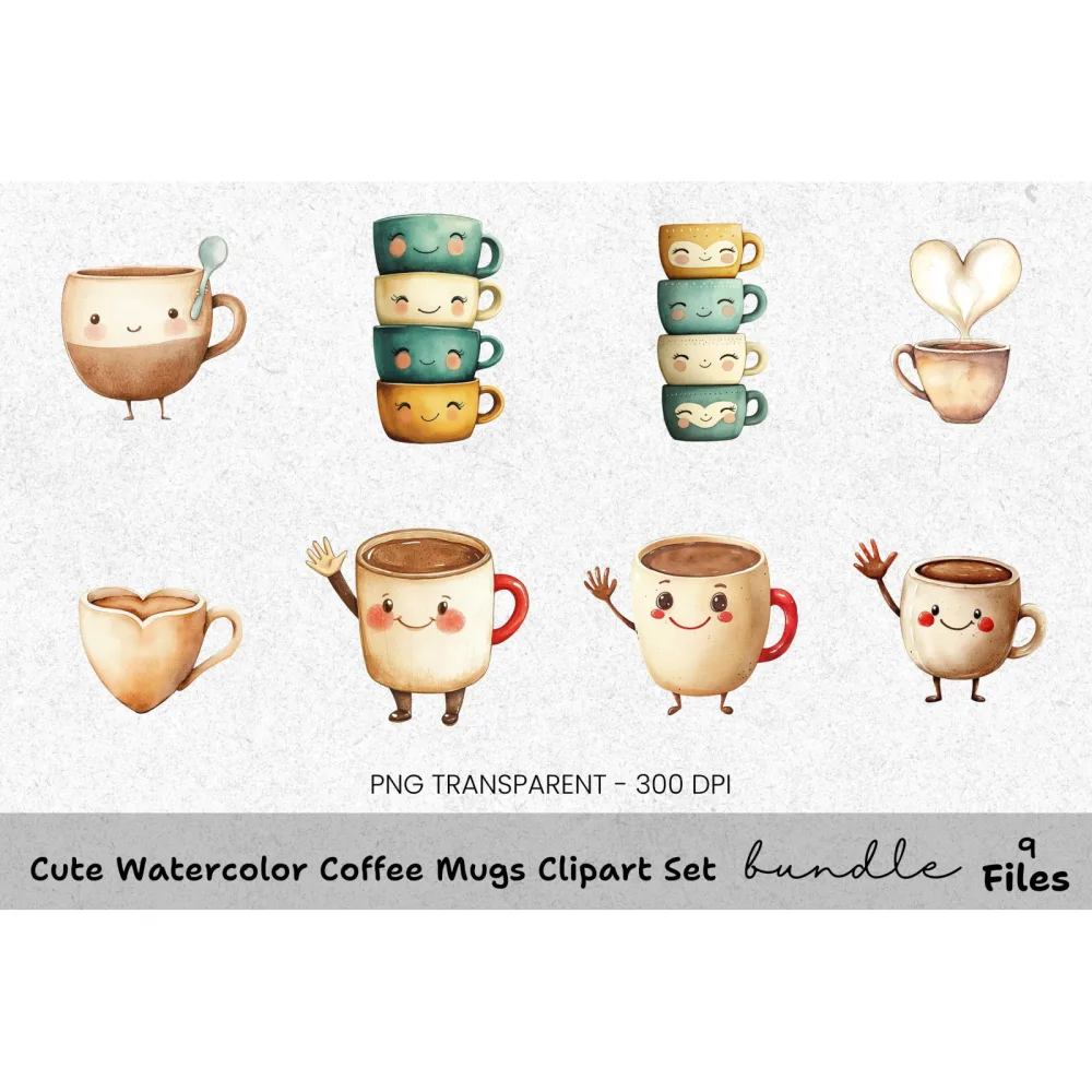 Cute Coffee Mugs Clipart Bundle
