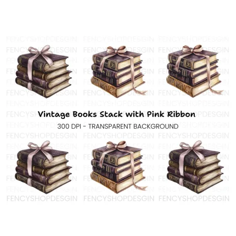 Vintage Stacked Books with Ribbon Clipart Bundle