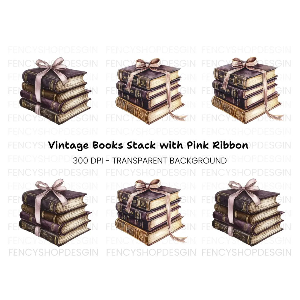 Vintage Stacked Books with Ribbon Clipart Bundle
