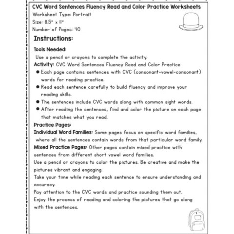 CVC Word Fluency Read and Color Worksheets