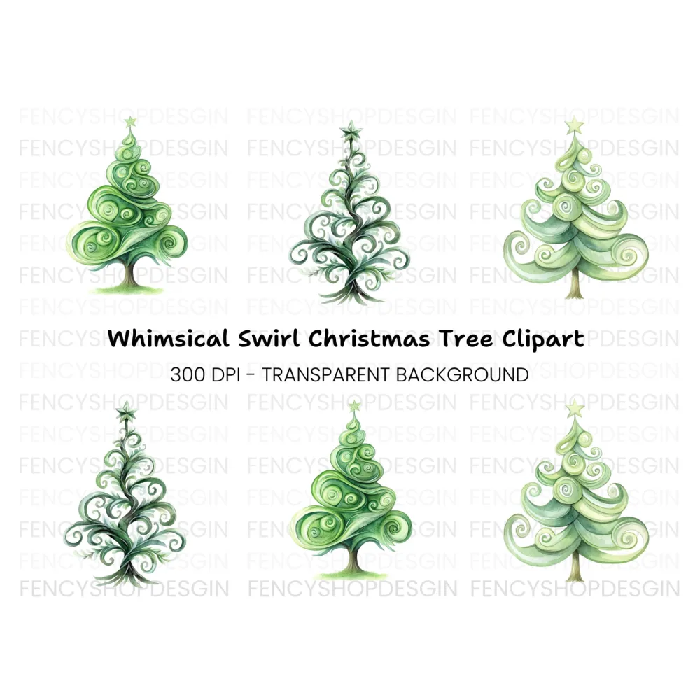 Whimsical Swirl Christmas Tree Clipart Bundle