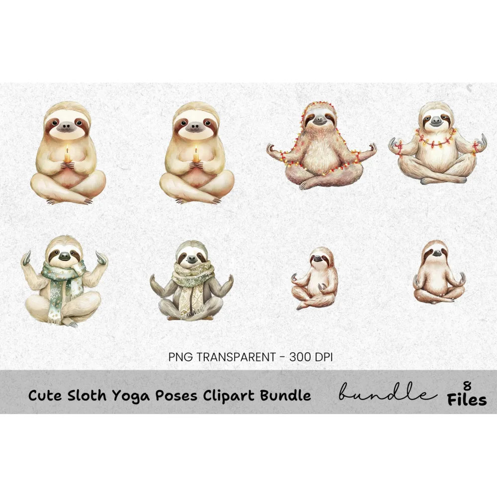 Meditating Christmas Sloths Clipart Bundle