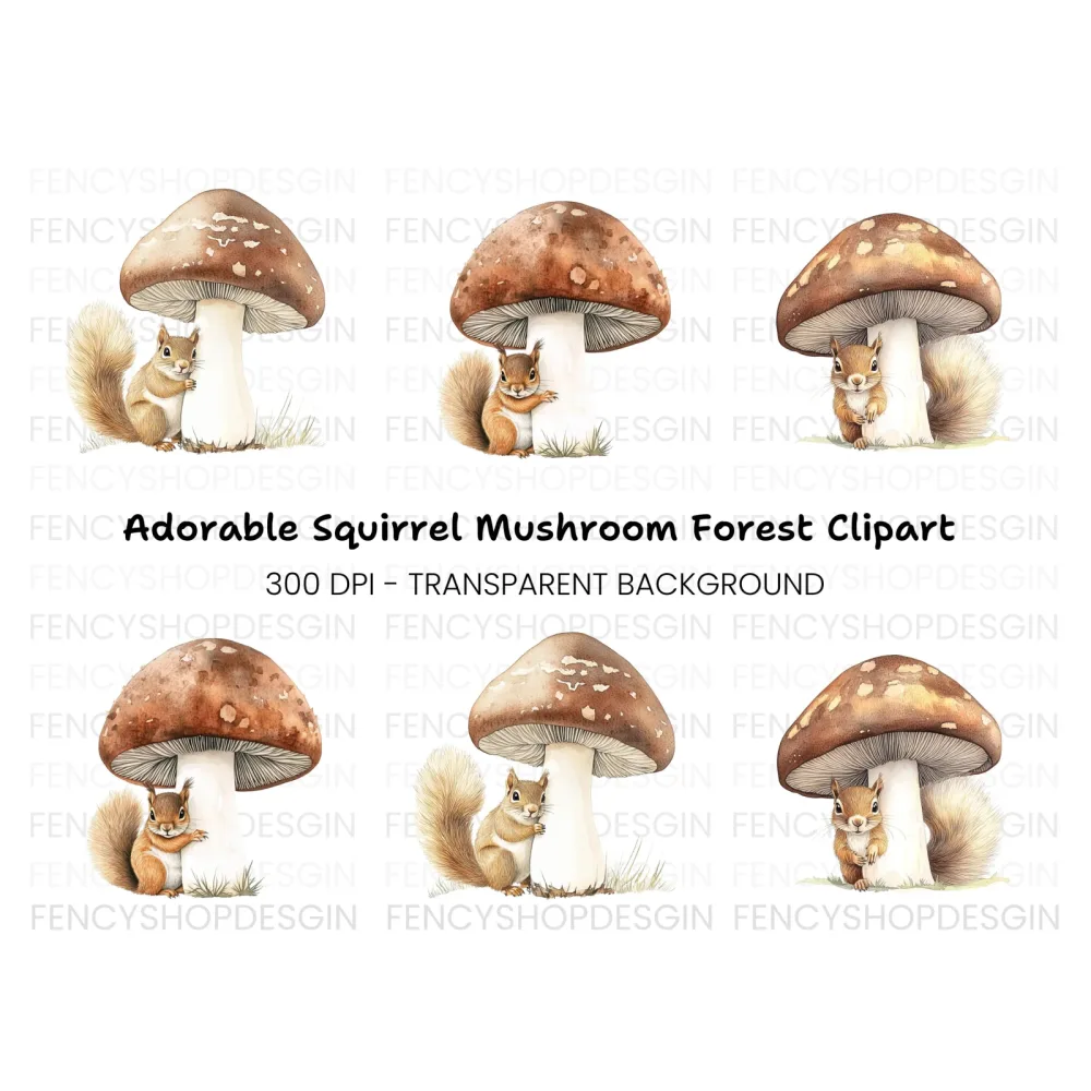 Cute Squirrels and Mushrooms Clipart Bundle